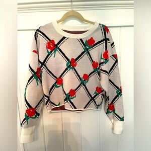 EUC! Maeve Cream Crewneck Sweater with Red Rose & Green Leaf Pattern